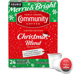 Community Coffee front packaging showing 24-count pods and seasonal branding benefit convenience