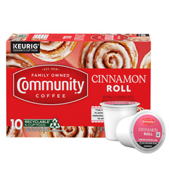 Community Coffee front packaging showing cinnamon roll flavor and benefits