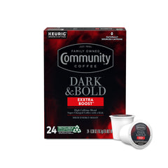 Community Coffee front packaging showing 24 pods and bold branding for quick energy