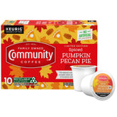 Community Coffee front packaging showing seasonal pumpkin pecan flavor and convenience