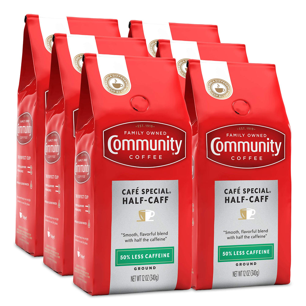Community Coffee front packaging showing six 12oz bags and clear branding benefit convenience