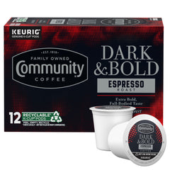 Community Coffee front packaging showing bold espresso roast and 12-count convenience