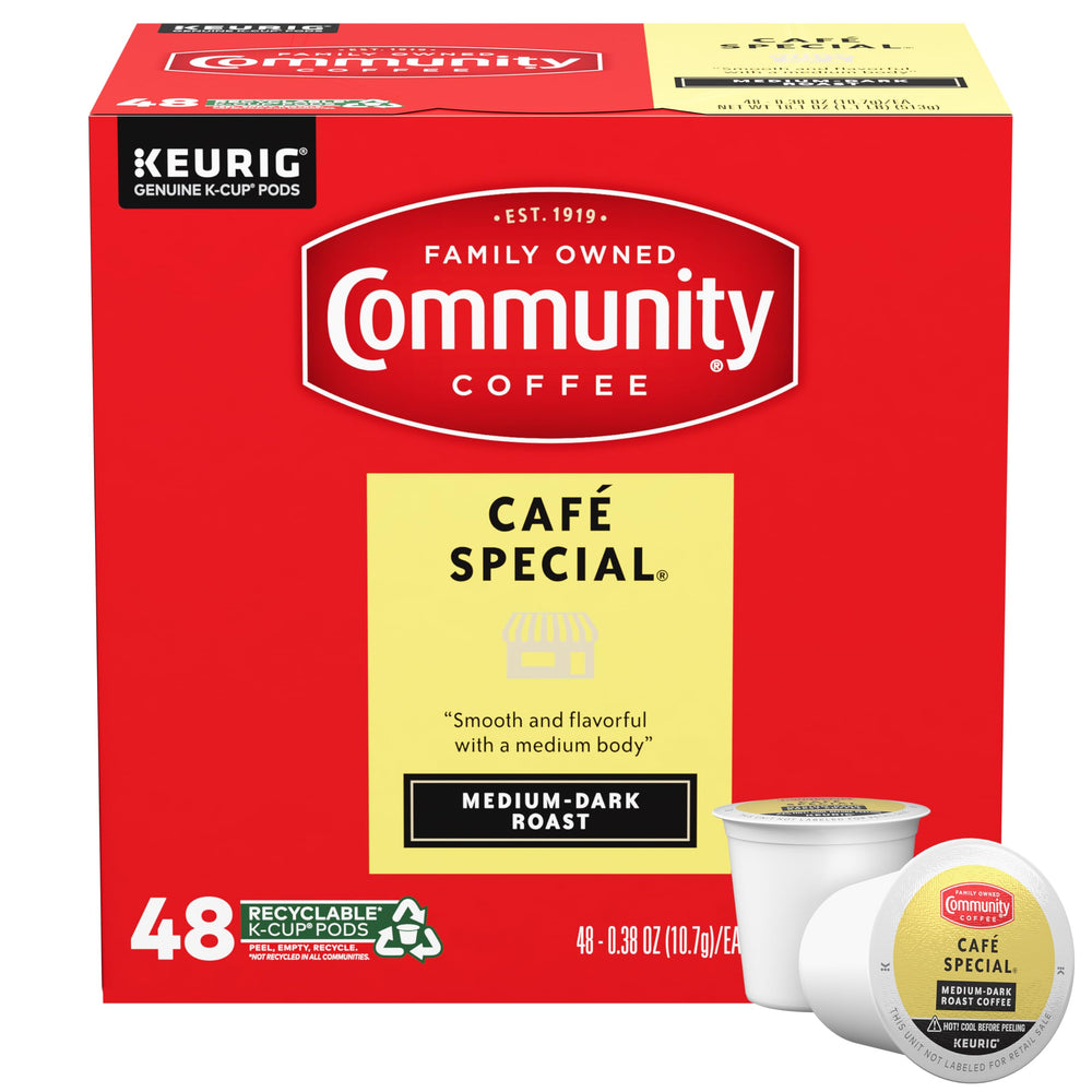 Community Coffee front packaging showing 48-count box and brand logo, convenient supply