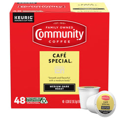 Community Coffee front packaging showing 48-count box and brand logo, convenient supply