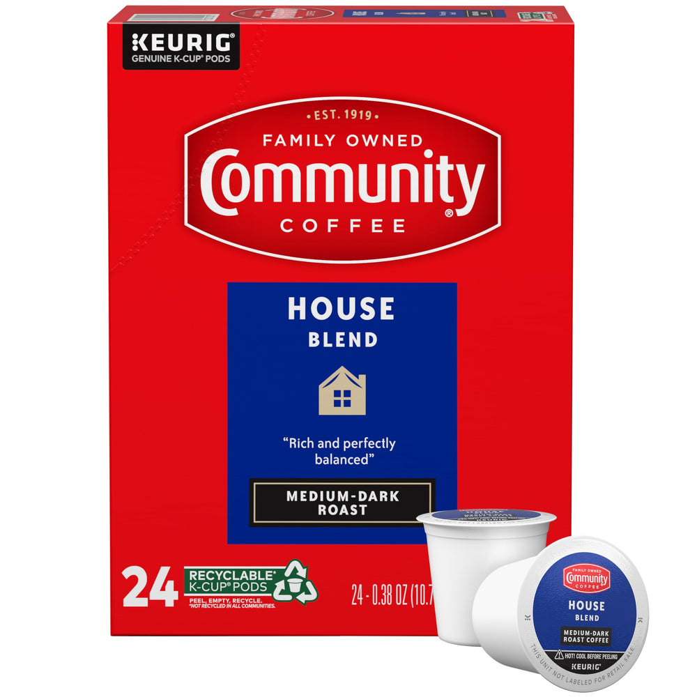 Community Coffee front packaging showing 24-count pods and clear branding benefit convenience