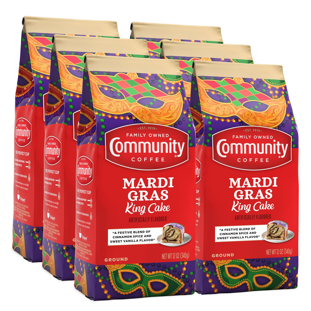 Community Coffee front packaging showing six 12oz bags and festive design benefit convenience