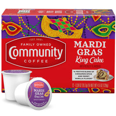 Community Coffee front packaging showing Mardi Gras King Cake pods and festive design benefits quick flavor
