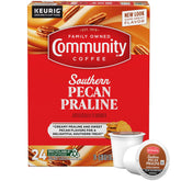 Community Coffee front packaging showing pecan praline pods and brand benefit