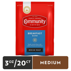 Community Coffee open pre-measured pouch with grounds ready to brew, saves time