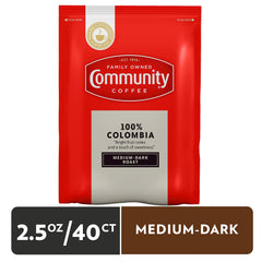 Community Coffee single pre-measured pouch upright, easy grab-and-brew convenience