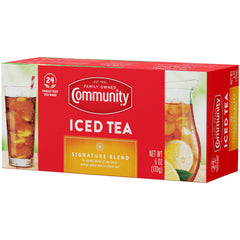 Community Coffee tea bags steeping in pitcher demonstrating easy brew method
