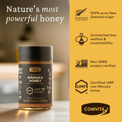 Comvita honey dripping from a spoon highlighting creamy texture for easy use