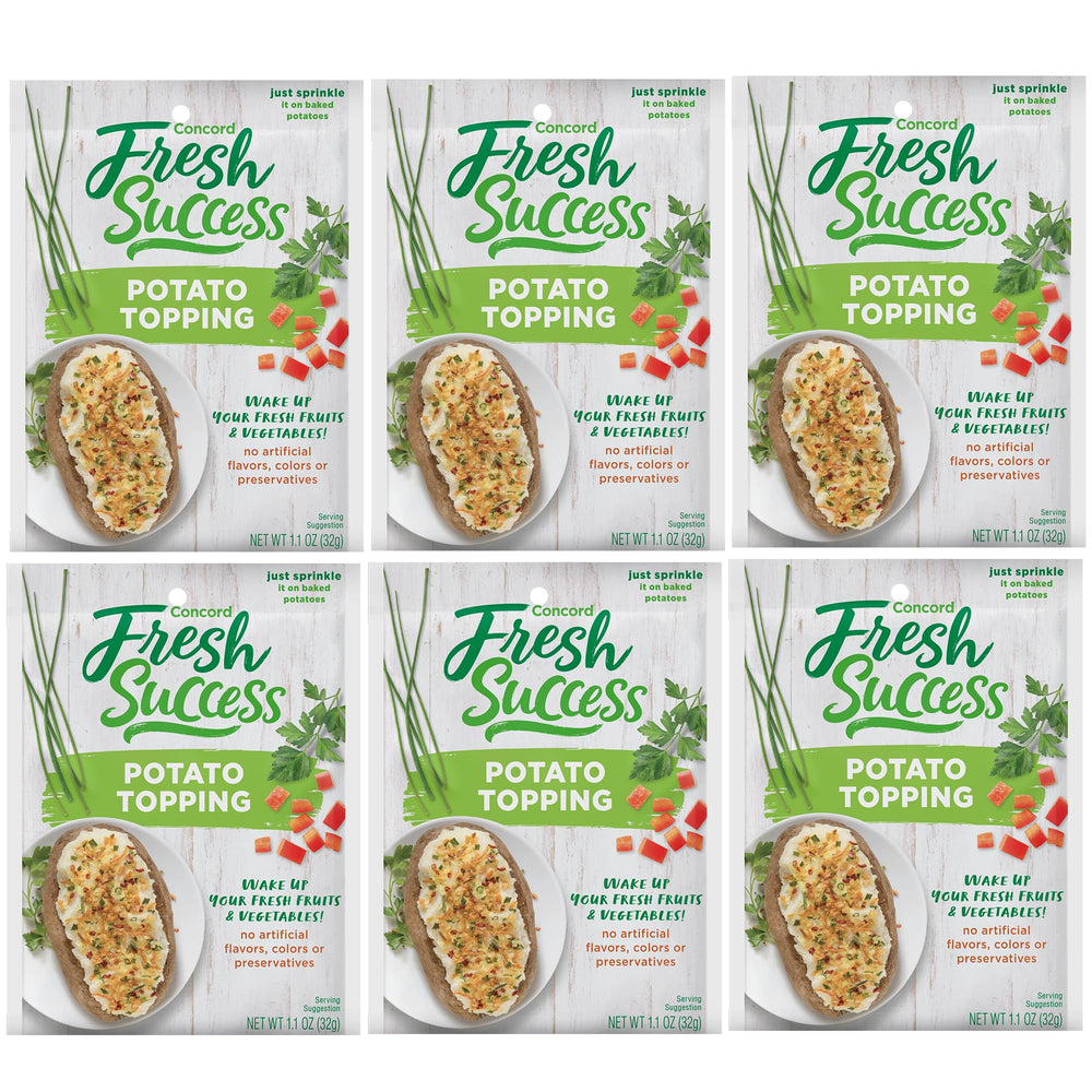 Concord Foods front packaging showing potato topping pouches and clear label for pantry convenience
