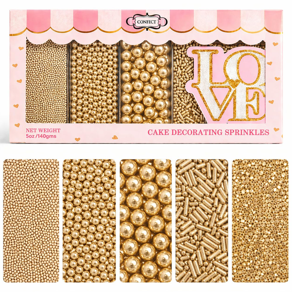 Confect front packaging showing champagne gold sprinkles and elegant appeal