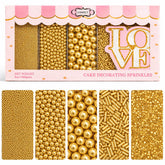 Confect front packaging showing five assorted gold sprinkle jars and benefits of variety