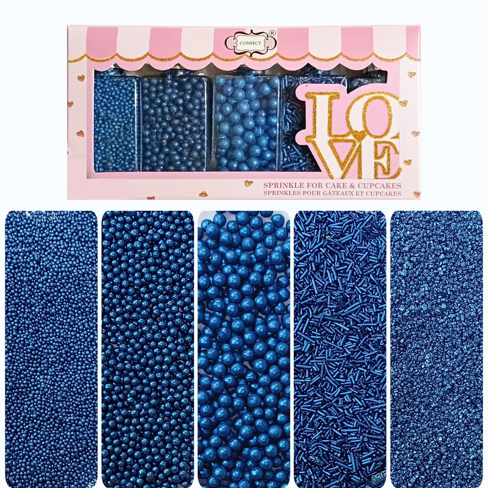 Confect front packaging showing navy blue sprinkle mix and elegant label benefit: neat storage