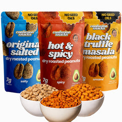 Confusion Snacks front packaging showing three 7oz resealable bags and branding benefit clarity