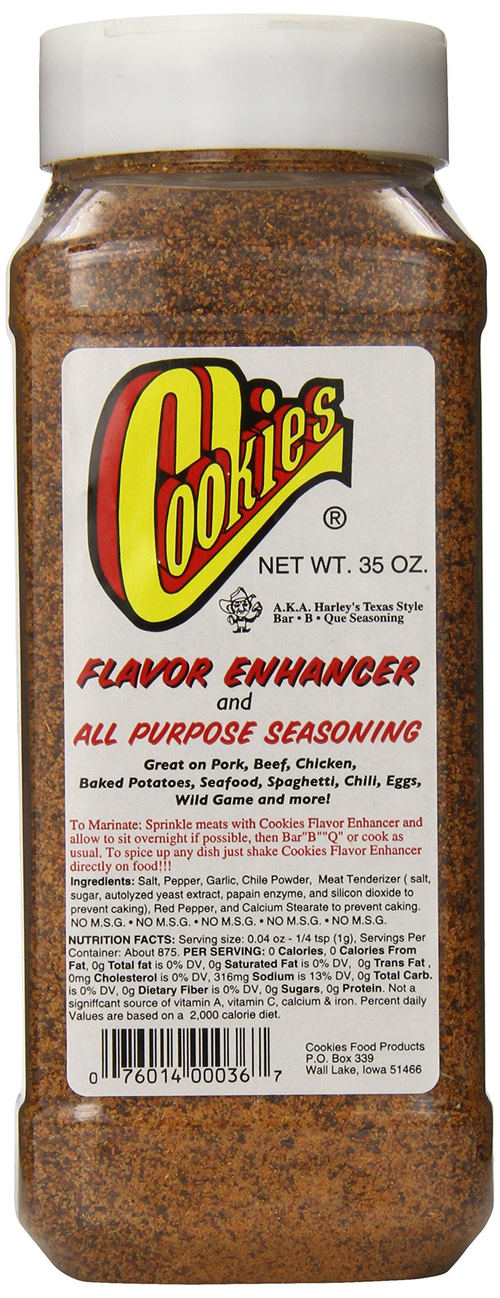 Cookies Food Products front label on 35-ounce seasoning jar showing product name and size for pantry convenience