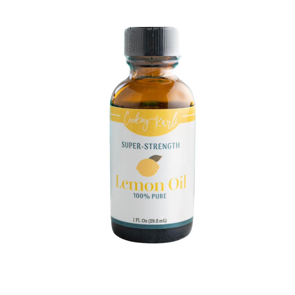 Cooking with Karli bottle front label showing pure lemon oil and size