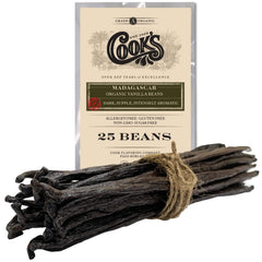 COOK'S front packaging of 25 Madagascar vanilla beans showing organic seal and quantity benefit