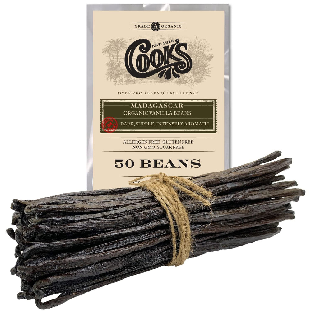 COOK'S front packaging showing 50-count organic Madagascar vanilla beans, clear quality