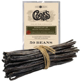 COOK'S front packaging showing 50-count organic Madagascar vanilla beans, clear quality