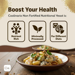 Coolinario flakes sprinkled on pasta adding cheesy savory flavor benefit
