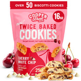 COOPER STREET front packaging showing bag of cherry white chip biscotti for snack convenience