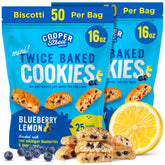 COOPER STREET front packaging showing lemon blueberry biscotti, clear benefit freshness