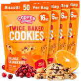 COOPER STREET front packaging showing orange cranberry biscotti and resealable bag for freshness