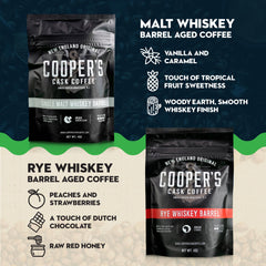 Cooper's Cask bag close-up label highlighting roast details and easy reseal freshness