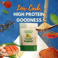Coated chicken with Cooper's Crumbs baking, showing crisp golden finish benefit