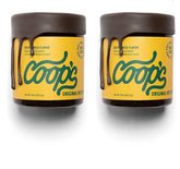 Coop's hot fudge front label showing brand and flavor, highlights rich chocolate