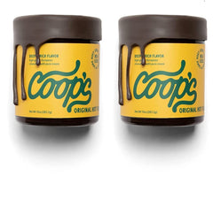 Coop's hot fudge front label showing brand and flavor, highlights rich chocolate
