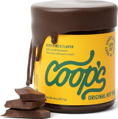 Coop's hot fudge front packaging showing label and jar, highlighting premium quality