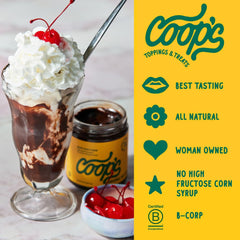 Coop's hot fudge stream flowing onto waffle, demonstrates pourable consistency
