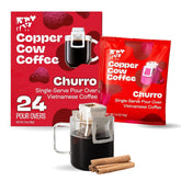 Copper Cow Coffee front packaging showing 24 pour-over sticks and benefits