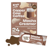 Copper Cow Coffee front packaging showing 24 single-serve mocha creamer packets and branding benefit convenience