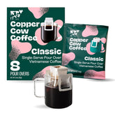 Copper Cow Coffee pack front showing 8 single-serve filters and bold branding for convenience