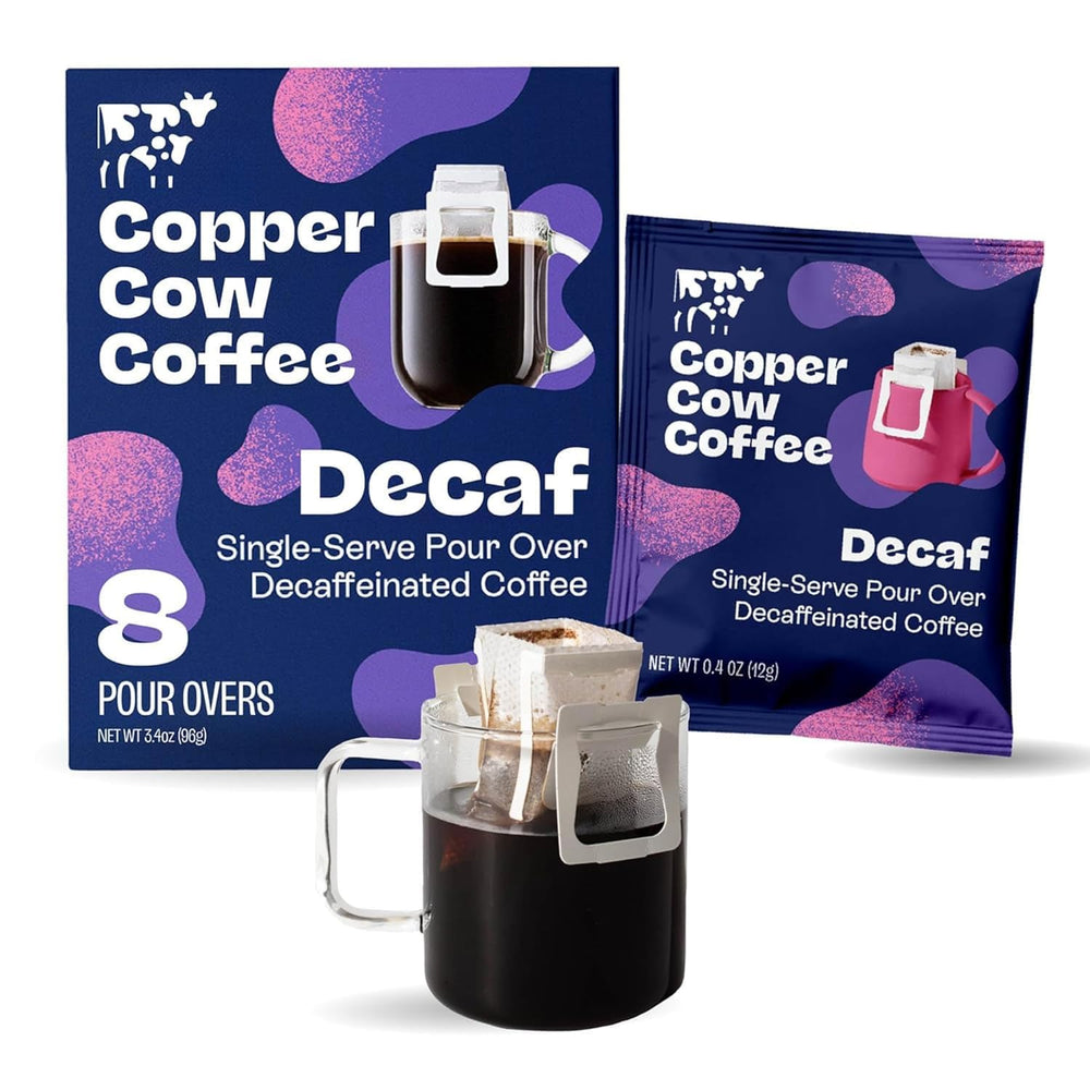 Copper Cow Coffee front packaging showing eight decaf pour-over packets, clear product view for pantry