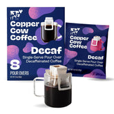 Copper Cow Coffee front packaging showing eight decaf pour-over packets, clear product view for pantry