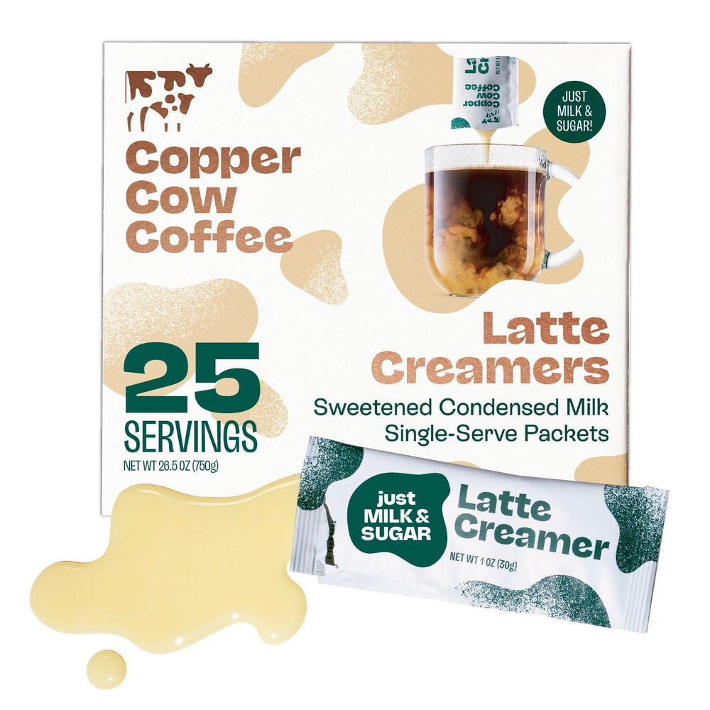 Copper Cow Coffee front packaging showing 25 packets and brand benefit convenience