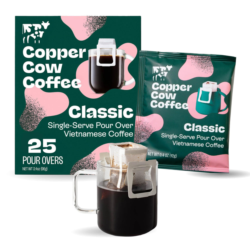 Copper Cow Coffee front packaging showing 25 pour over packets and bold branding