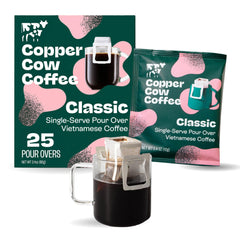 Copper Cow Coffee front packaging showing 25 pour over packets and bold branding