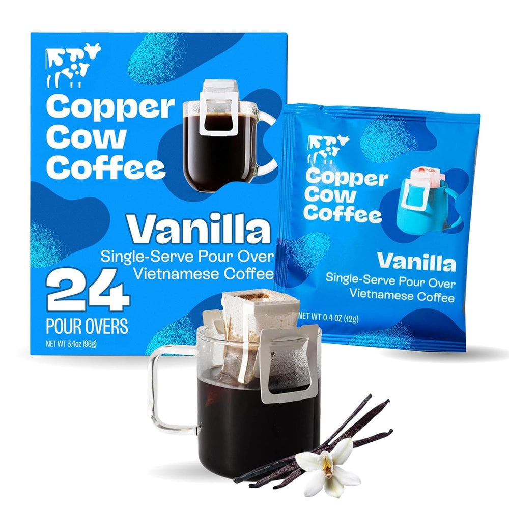 Copper Cow Coffee front packaging showing 24 vanilla pour-over packets for convenience