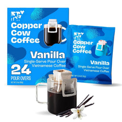 Copper Cow Coffee front packaging showing 24 vanilla pour-over packets for convenience