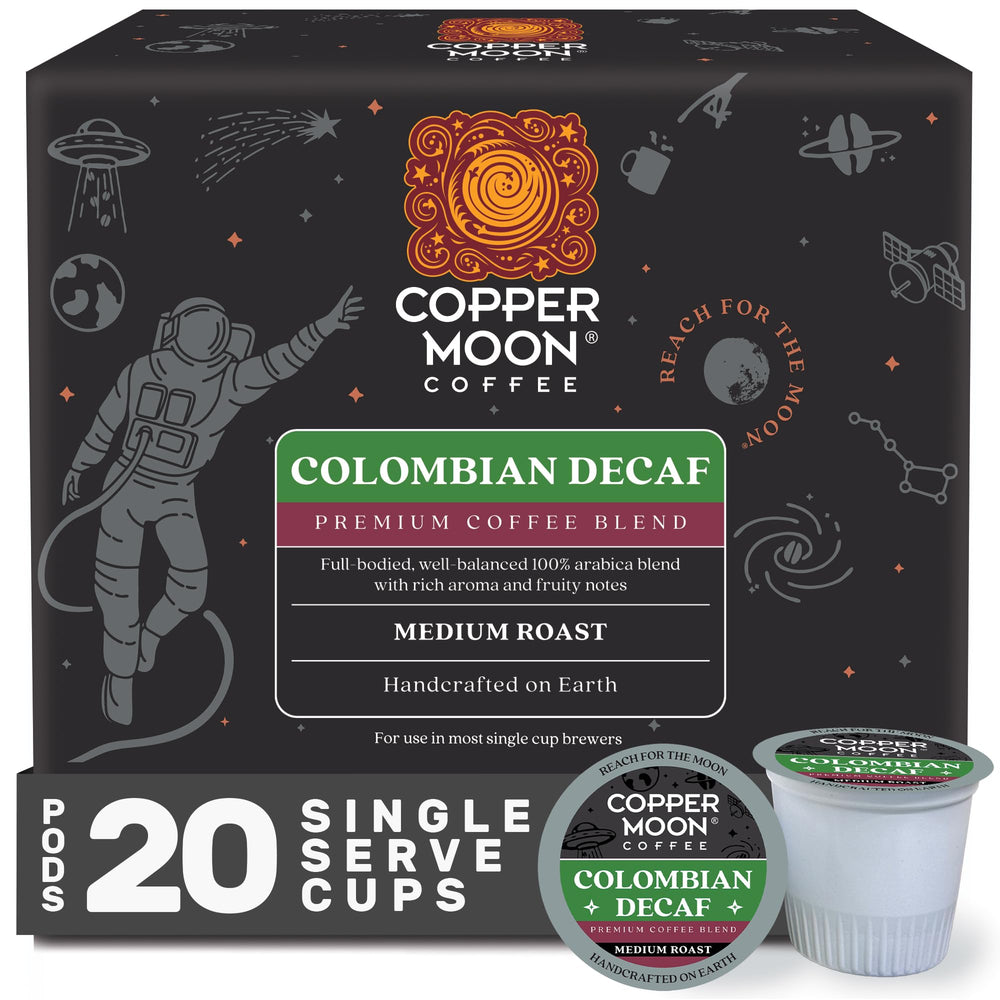 Copper Moon front packaging showing 20-count K-Cup pods and convenience