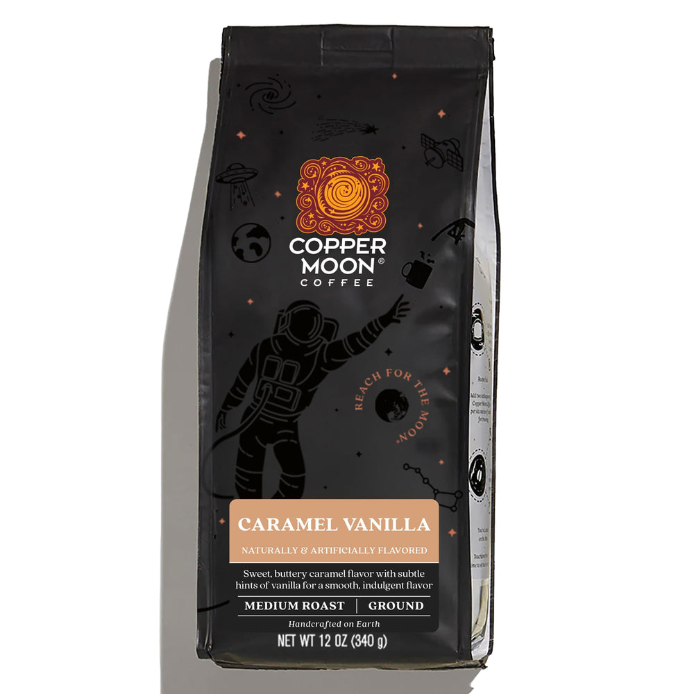 Copper Moon front packaging showing 12 oz bag and caramel vanilla aroma benefit