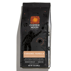 Copper Moon front packaging showing 12 oz bag and caramel vanilla aroma benefit