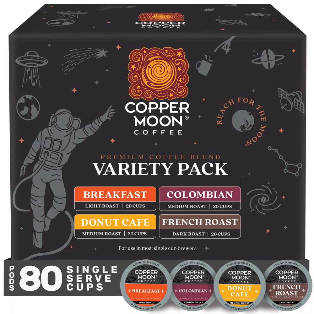 Copper Moon front packaging showing 80-count variety pack and convenience